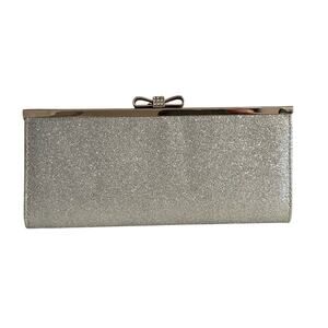 Inc. International Concepts Silver Glitter Evening Clutch with Rhinestone Bow